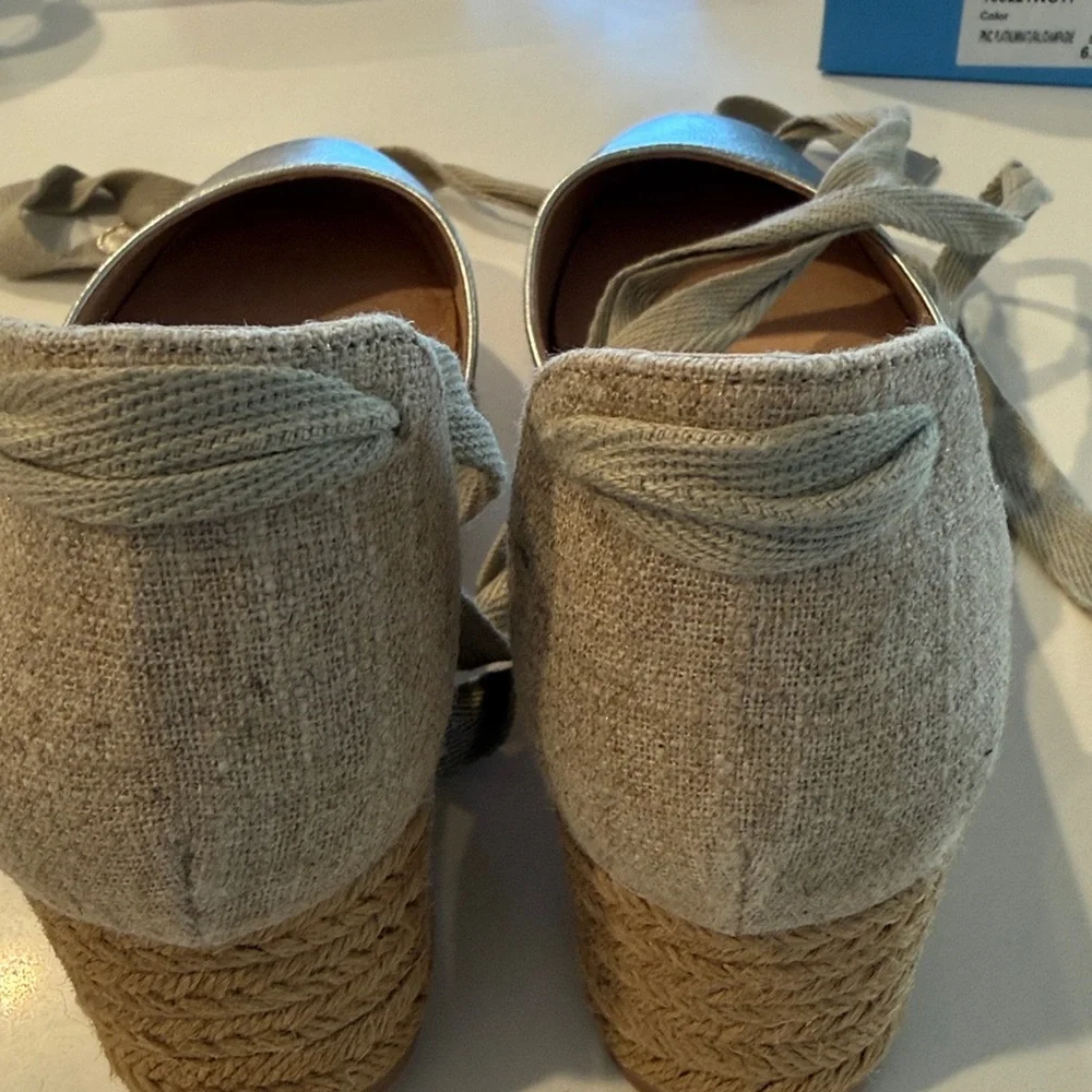 NWT Leather Jack Rogers Palmer Ankle Wrap Espadrille Wedge in Platinum/Champagne